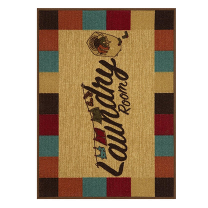 Washtown Non-Slip Rubberback Checkered Border 2X5 Laundry Room Runner Rug, 20" X 59" Oval, Multicolor