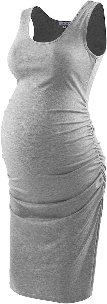  Maternity Tank Dress Bodycon Sleeveless Casual Short Ruched Midi Fitted Dress for Pregnant Women