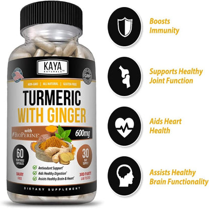 Turmeric Ginger Supplement - Vegan Joint Support with Ginger & Bioperine for High Absorption - 60 Capsule