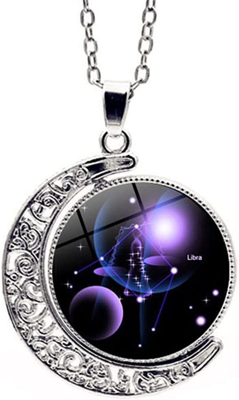 Zodiac Necklace Jewelry Birthday Gifts Astrology 12 Constellation Horoscope Sign Galaxy Crescent Half Moon Pendant Necklace