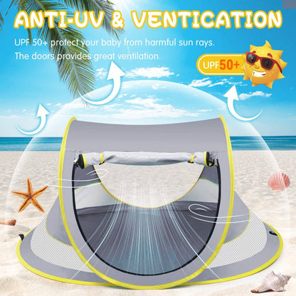 Baby Beach Tent, UPF 50+ Pop up Beach Tent Sun Shelter, Easy Setup Play Tent for Travel, Mini Beach Tent for Kids Toddlers,Grey