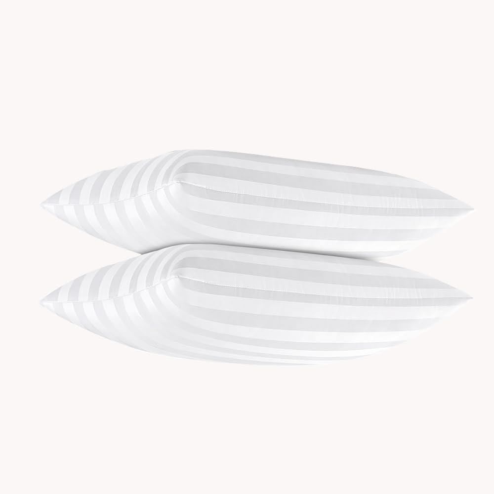 2-Pack Queen Bed Pillows – 20 x 30 Inches – Super Soft Down Alternative Microfiber – Side & Back Sleeping Use – Wide Stripe White