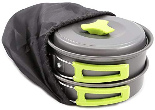 N Camping Cookware Mess Kit, Backpacking Gear and Hiking Outdoors Bug Out Bag Cooking Equipment 10 Piece Cookset | Lightweight, Compact, Durable Pot Pan Bowls with Free Folding Spork and Nylon Bag