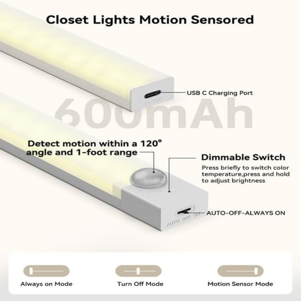 3-Pack Under Cabinet Lights – 8 Inch Motion Sensor LED, Rechargeable Wireless Closet Lighting