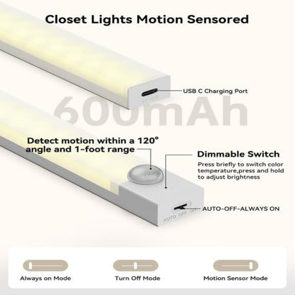 3-Pack Under Cabinet Lights – 8 Inch Motion Sensor LED, Rechargeable Wireless Closet Lighting