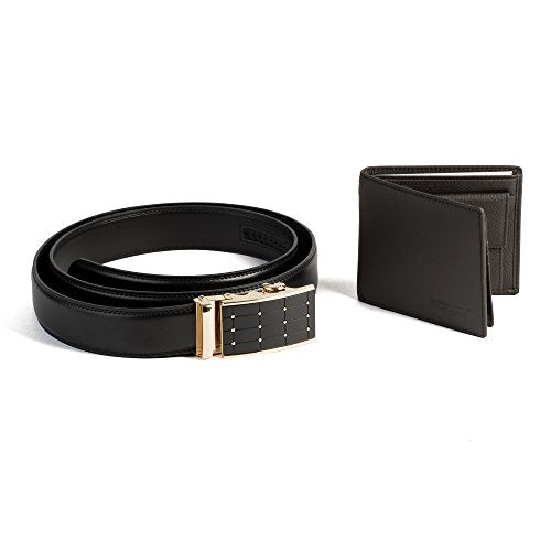 Men's Luxurious Genuine Leather Ratcheting Black Belt and Brown Wallet Gift Set