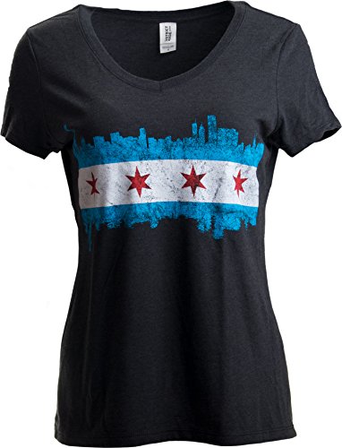 Ann Arbor T-shirt Co. Chicago City Flag Skyline | Vintage Retro Triblend V-Neck Shirt Top For Women