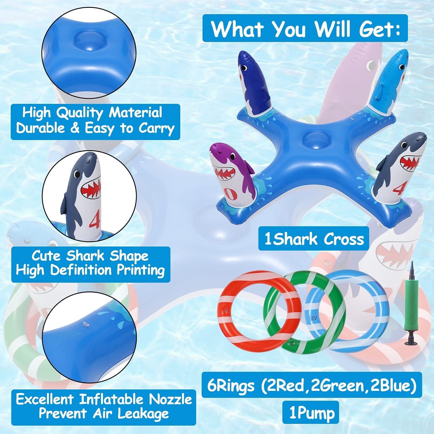  Inflatable Pool Ring Toss, Pool Toys for Kids with 6pcs Rings, Swimming Pool Games for Adults and Family