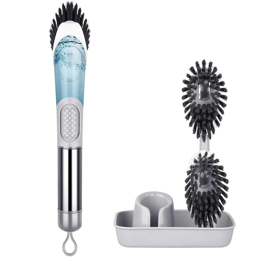 Soap Dispensing Dish Brush Set Kitchen Scrub Brush with Stand 3 Brush Replacement Heads