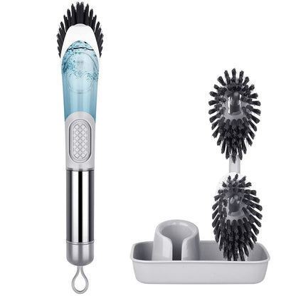 Soap Dispensing Dish Brush Set Kitchen Scrub Brush with Stand 3 Brush Replacement Heads