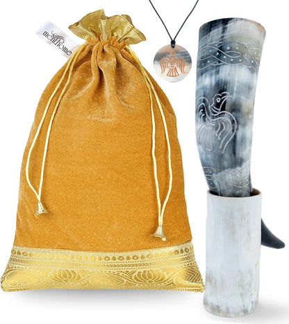Engraved Medieval Norse Style Polished Drinking Horn Mug - with Horn Shot Glass | Bottle Opener | Golden Gift Bag | Large Horn Spoon | 20 Oz. (Carved Mug)