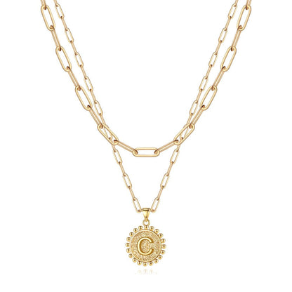 Gold Initial Necklaces for Women Girls 14K Gold Plated Dainty Layering Paperclip Link Chain Necklace Coin Initial Layered Gold Necklaces for Women