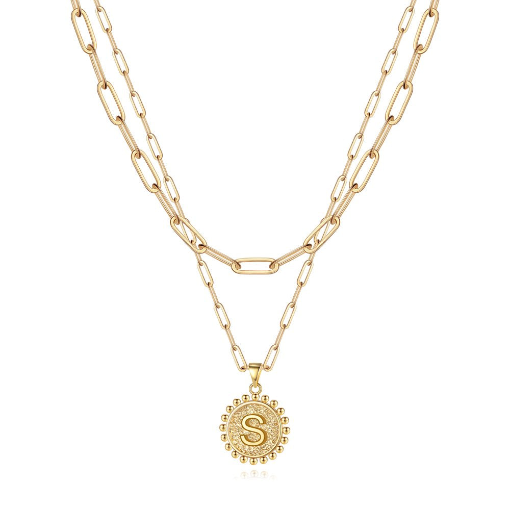 Gold Initial Necklaces for Women Girls 14K Gold Plated Dainty Layering Paperclip Link Chain Necklace Coin Initial Layered Gold Necklaces for Women