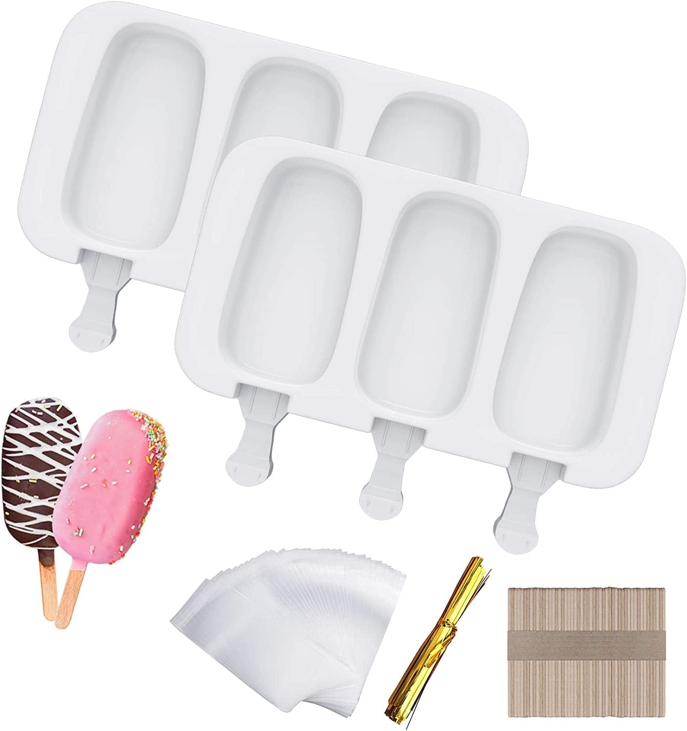 Popsicle Molds Set of 2, Ice Pop Molds Silicone 4 Cavities Ice Cream Mold Oval Cake Pop Mold with 50 Wooden Sticks for DIY Popsicle, Clear