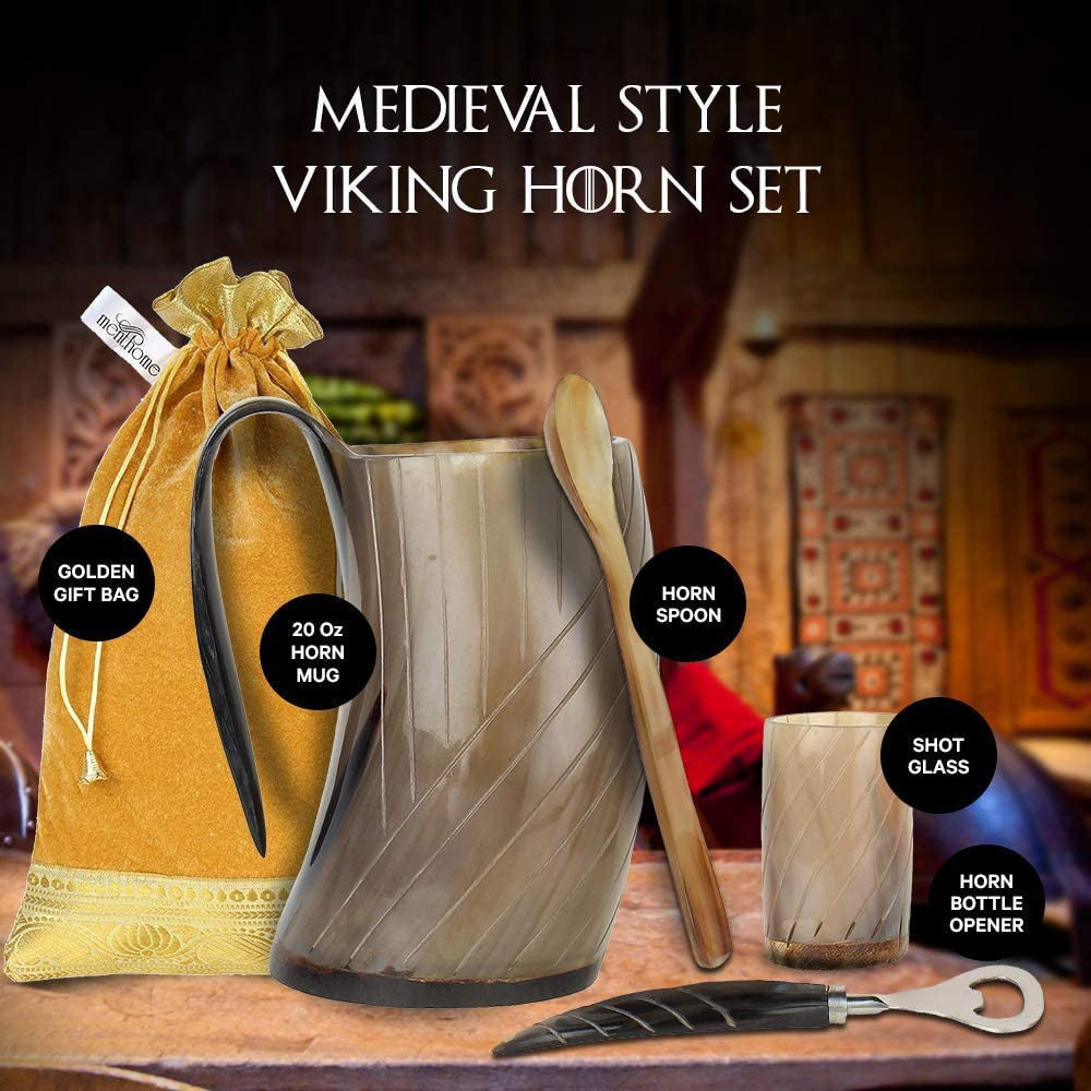 Engraved Medieval Norse Style Polished Drinking Horn Mug - with Horn Shot Glass | Bottle Opener | Golden Gift Bag | Large Horn Spoon | 20 Oz. (Carved Mug)