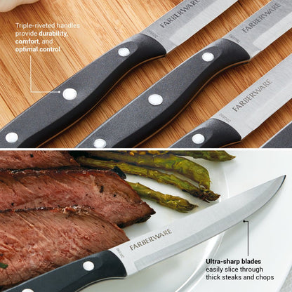 Farberware Classic Set of 4 4.5-Inch Full Tang Triple Riveted Steak Knife with Black Handle