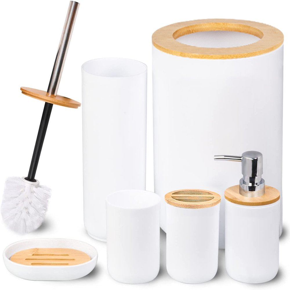 6 Pieces Bath Set- Soap Dish Toothbrush Holder Rinse Cup Lotion Bottle Trash Can Toilet Brush - Practical Toilet Kit for Home Washing Room，Black