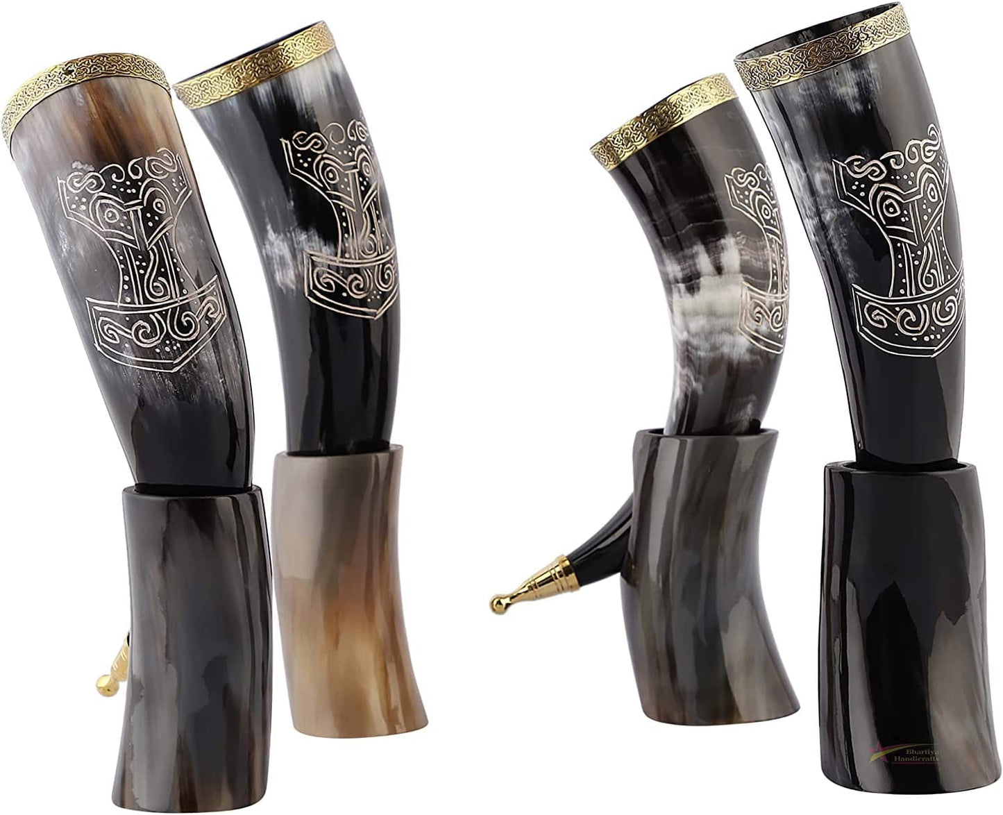Viking Drinking Horn Mug | Handmade Drinking Horn with Mjolnir Engraved Tankard | Food Safe Medieval Game of Thrones Horn | For Hot & Cold Drink (1 Piece)