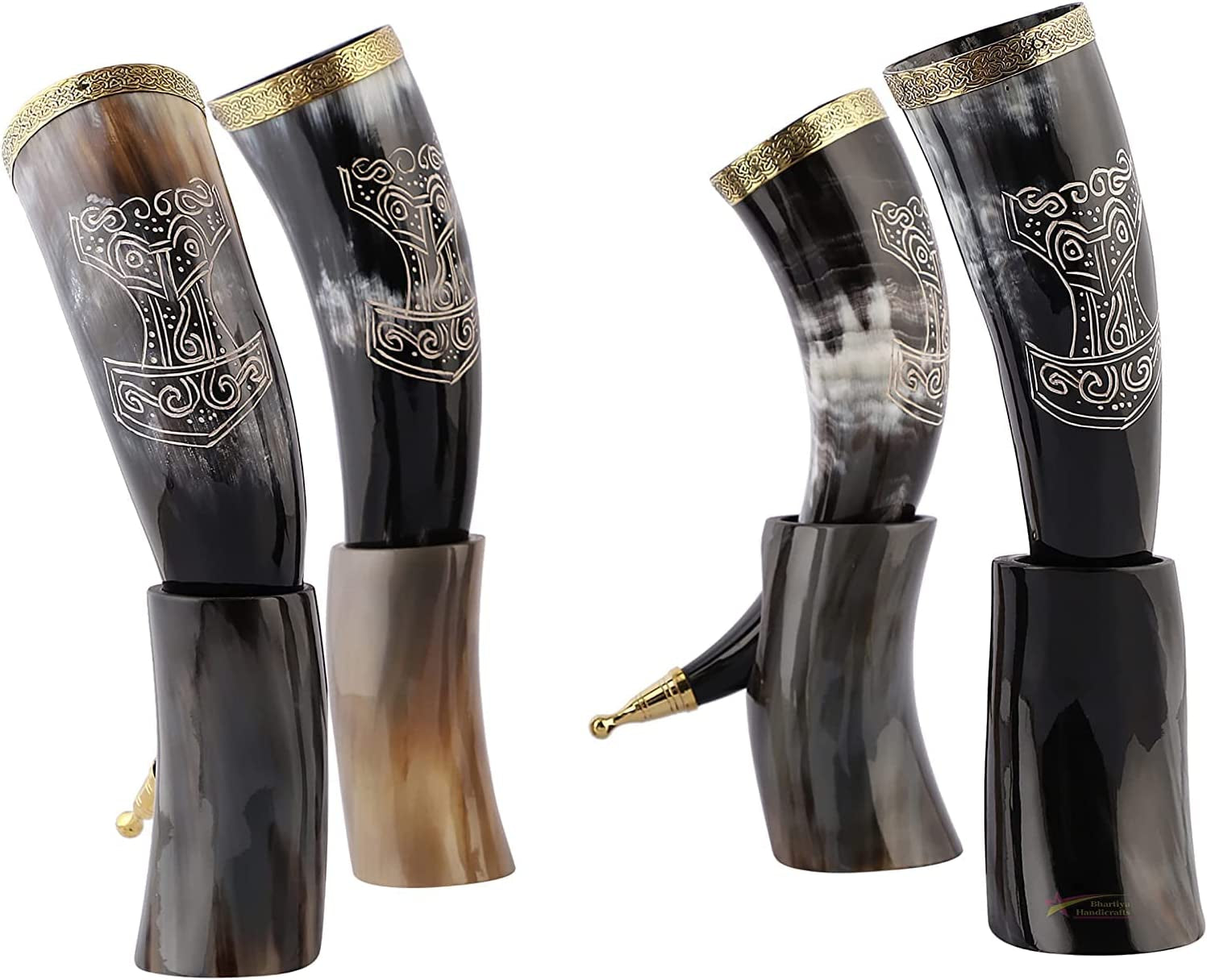 Viking Drinking Horn Mug | Handmade Drinking Horn with Mjolnir Engraved Tankard | Food Safe Medieval Game of Thrones Horn | For Hot & Cold Drink (1 Piece)