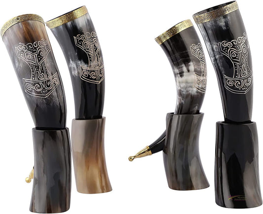 Viking Drinking Horn Mug | Handmade Drinking Horn with Mjolnir Engraved Tankard | Food Safe Medieval Game of Thrones Horn | For Hot & Cold Drink (1 Piece)