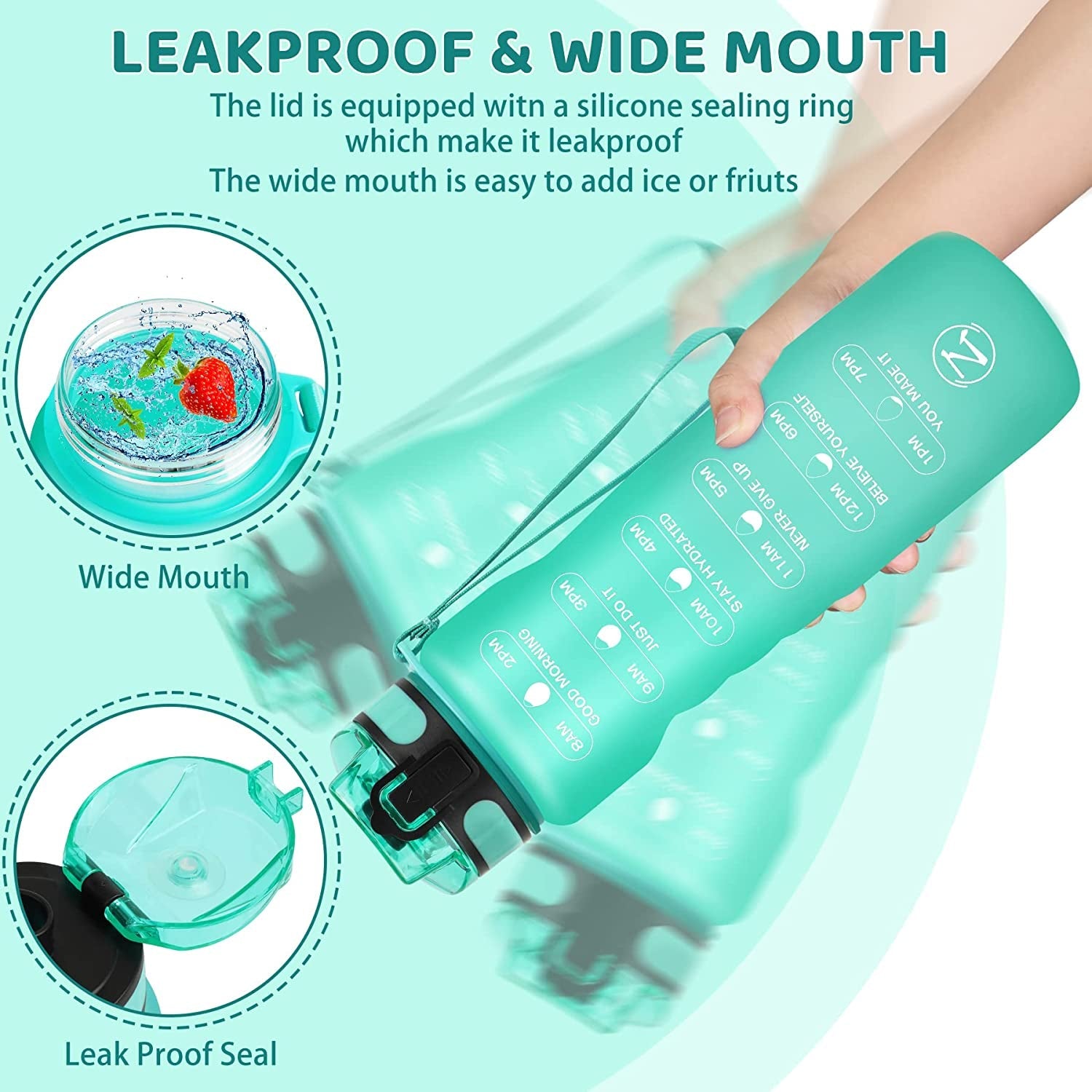  32oz Motivational Water Bottle with Times to Drink,Time Marker & Removable Strainer,Fast Flow,Leakproof Tritan BPA Free Non-Toxic Water Jug for Fitness,Gym,Sports