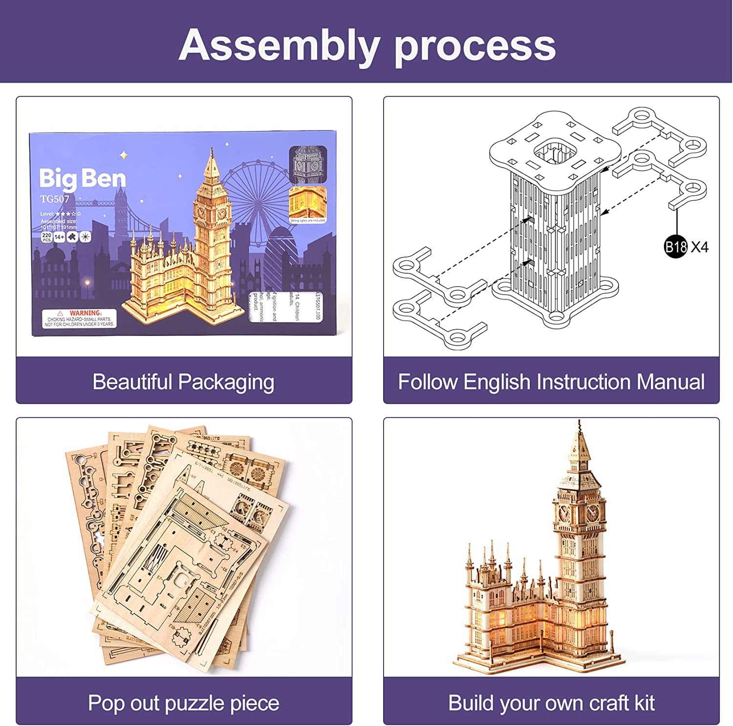 3D Puzzle for Adults Wooden Craft Kits for Teens DIY Construction Model Kit with LED Lights