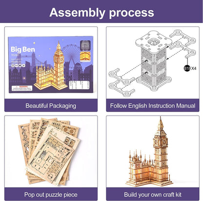 3D Puzzle for Adults Wooden Craft Kits for Teens DIY Construction Model Kit with LED Lights