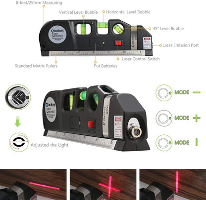 Laser Level Line Tool, Qooltek Multipurpose Cross Line Laser 8 feet Measure Tape Ruler Adjusted Standard and Metric Rulers for hanging pictures