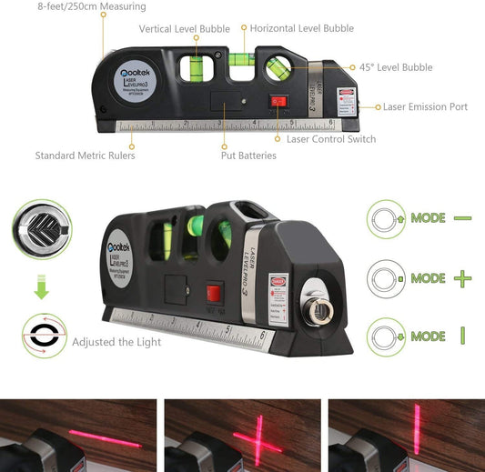 Laser Level Line Tool, Qooltek Multipurpose Cross Line Laser 8 feet Measure Tape Ruler Adjusted Standard and Metric Rulers for hanging pictures