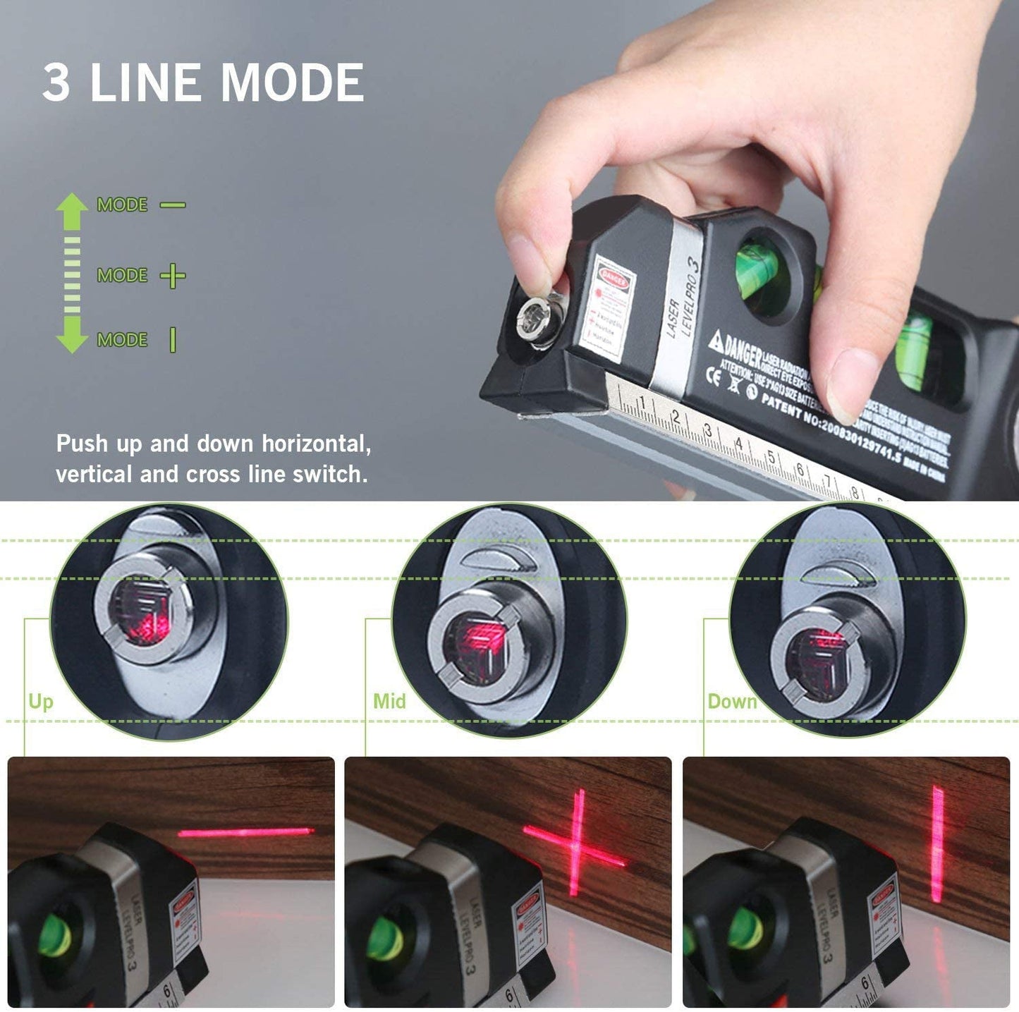 Laser Level Line Tool, Qooltek Multipurpose Cross Line Laser 8 feet Measure Tape Ruler Adjusted Standard and Metric Rulers for hanging pictures