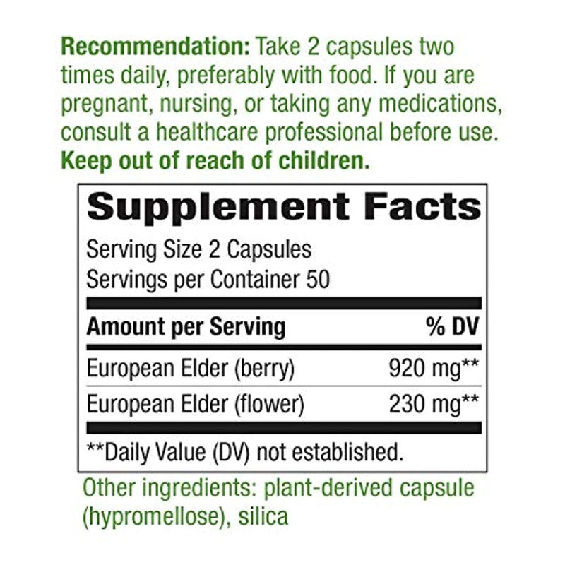 100 Count Nature's Way Black Elderberry Capsules 1150 mg per Serving