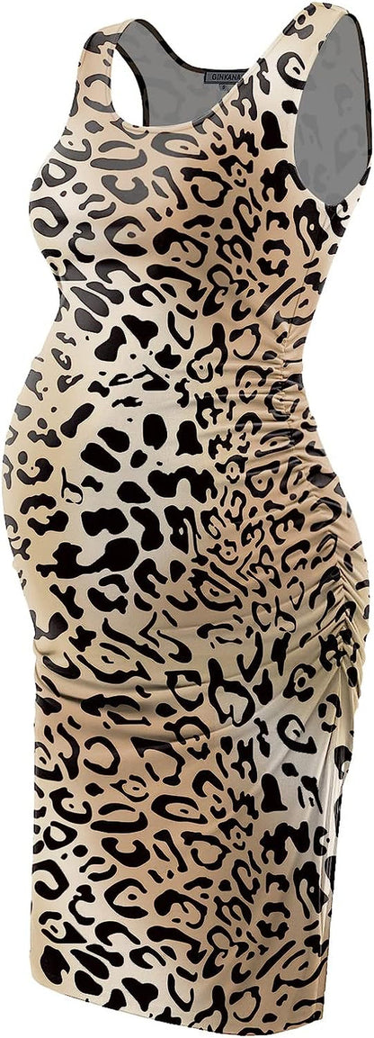  Maternity Tank Dress Bodycon Sleeveless Casual Short Ruched Midi Fitted Dress for Pregnant Women