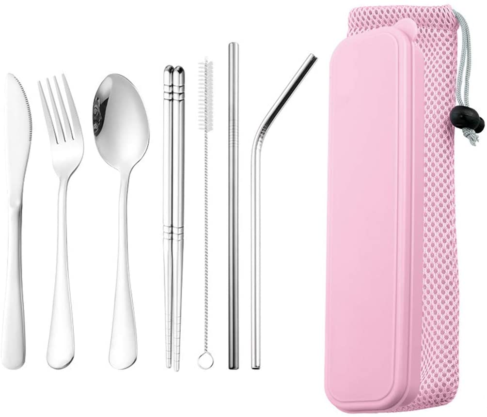 DZRZVD Portable Utensils Travel Camping Cutlery Set Including Knife Fork Spoon Chopsticks Cleaning Brush Straws Portable Case Stainless Steel Flatware Set