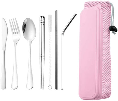DZRZVD Portable Utensils Travel Camping Cutlery Set Including Knife Fork Spoon Chopsticks Cleaning Brush Straws Portable Case Stainless Steel Flatware Set