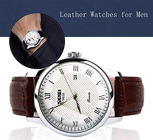 CakCity Men's Business Analogou Casual Watches Quartz Waterproof Wrist Watch with Golden Dial Brown Leather Band