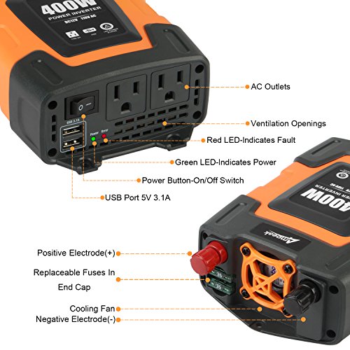 400W Power Inverter DC 12V to 110V AC Car Inverter with 3.1A Dual USB Converter