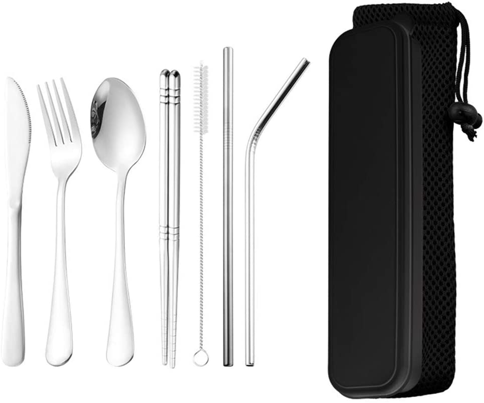 DZRZVD Portable Utensils Travel Camping Cutlery Set Including Knife Fork Spoon Chopsticks Cleaning Brush Straws Portable Case Stainless Steel Flatware Set