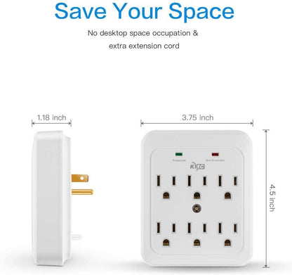 2 Pack 980 Joule Surge Protector, 6-Outlet Wall Plug Adapter Power Strip
