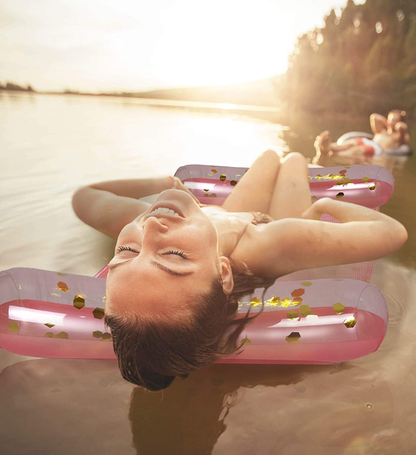  Inflatable Water Hammock - Luxurious Pool Float Lounger Filled with Confetti, 4-in-1 Exercise Saddle, Lounge Chair, Hammock, & Drifter, Great for Beach & Swimming Pool - 56" x 30"