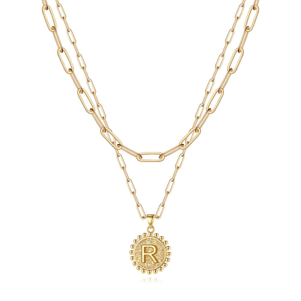 Gold Initial Necklaces for Women Girls 14K Gold Plated Dainty Layering Paperclip Link Chain Necklace Coin Initial Layered Gold Necklaces for Women