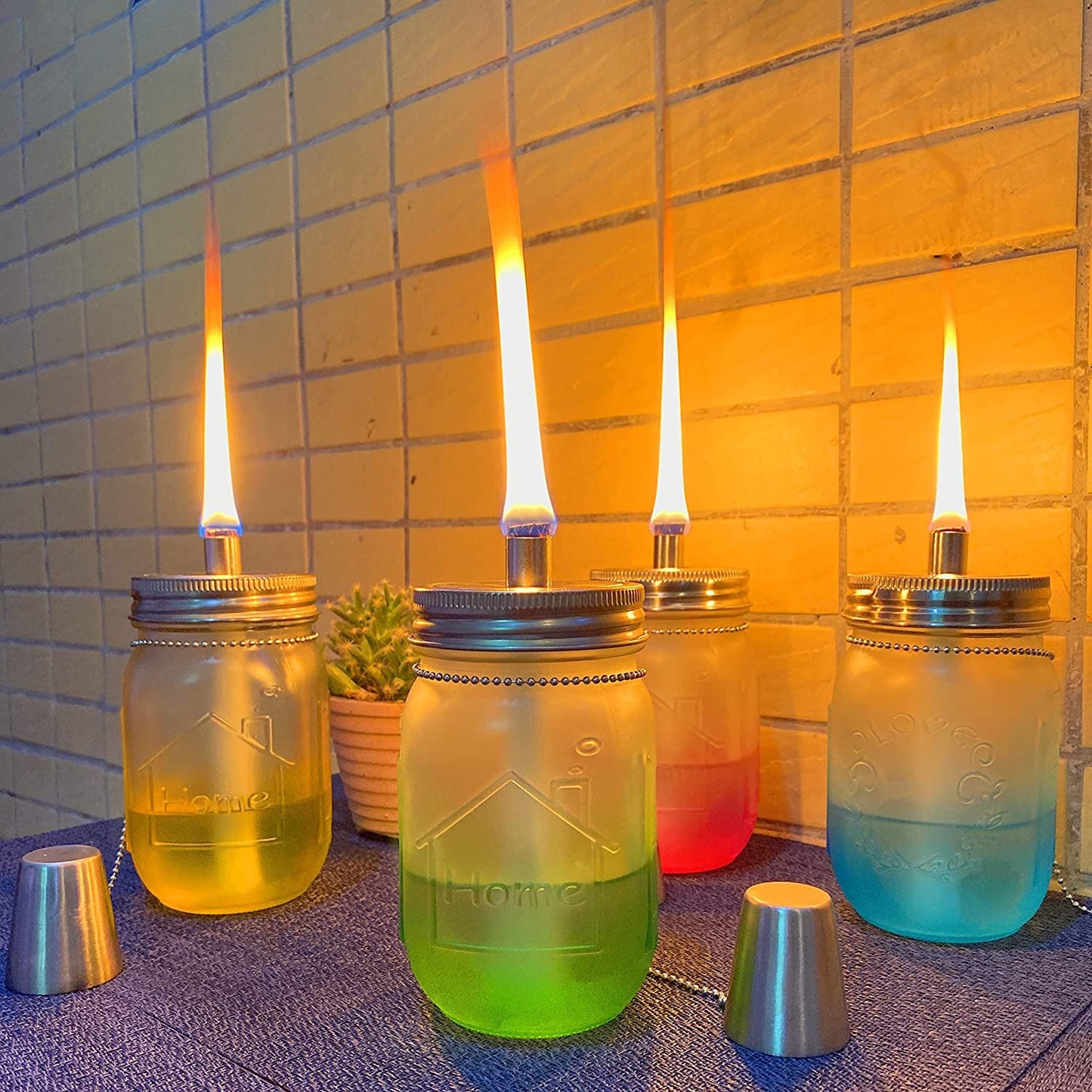 4 Pack Mason Jar Tabletop Torch Kits, Longlife Fiberglass Wicks,Stainless Steel Mason Jar Lids Caps Included,Outdoor Deck Oil Lamp Torch