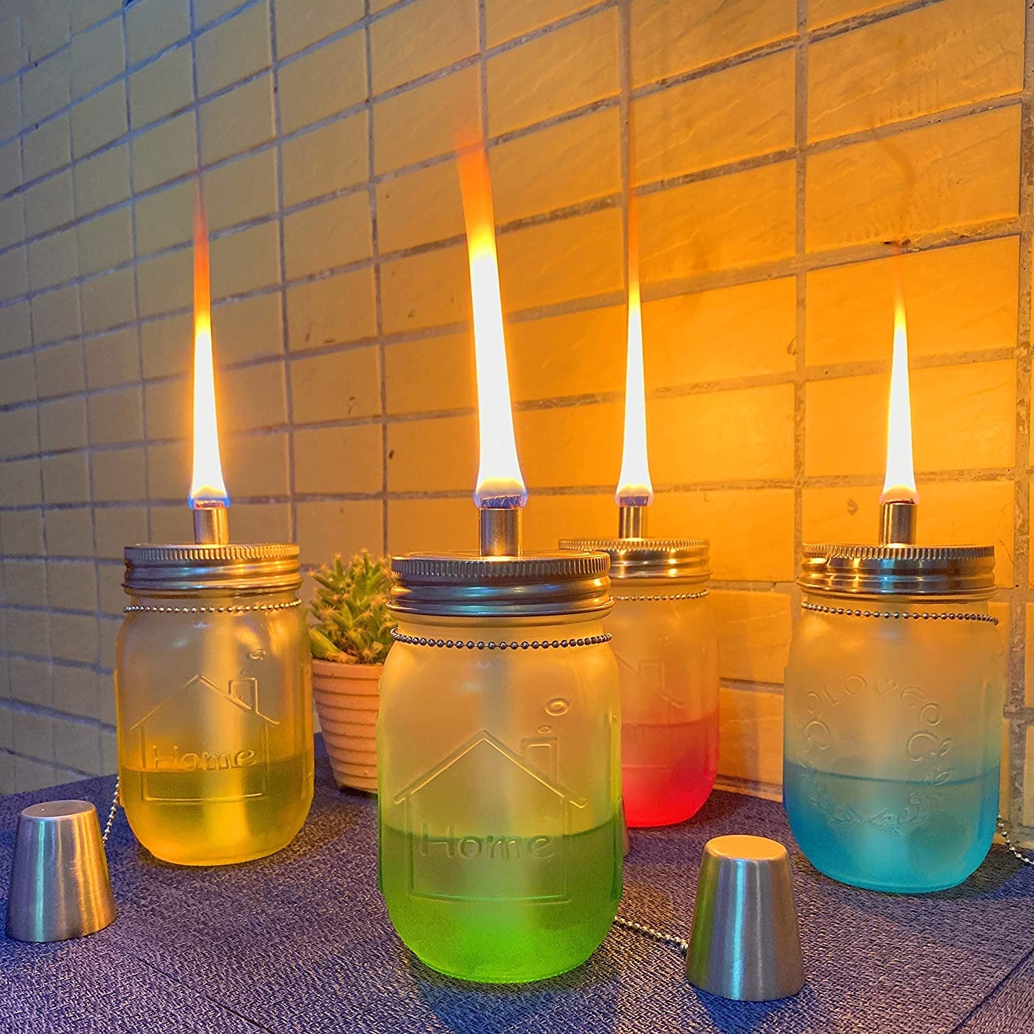 4 Pack Mason Jar Tabletop Torch Kits, Longlife Fiberglass Wicks,Stainless Steel Mason Jar Lids Caps Included,Outdoor Deck Oil Lamp Torch