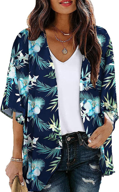  Women Floral Leaf Kimono Summer Cardigan Sheer Loose Half Sleeve Beach Shawl Chiffon Cover Up Casual Blouse Tops