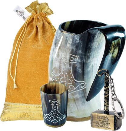 Engraved Medieval Norse Style Polished Drinking Horn Mug - with Horn Shot Glass | Bottle Opener | Golden Gift Bag | Large Horn Spoon | 20 Oz. (Carved Mug)
