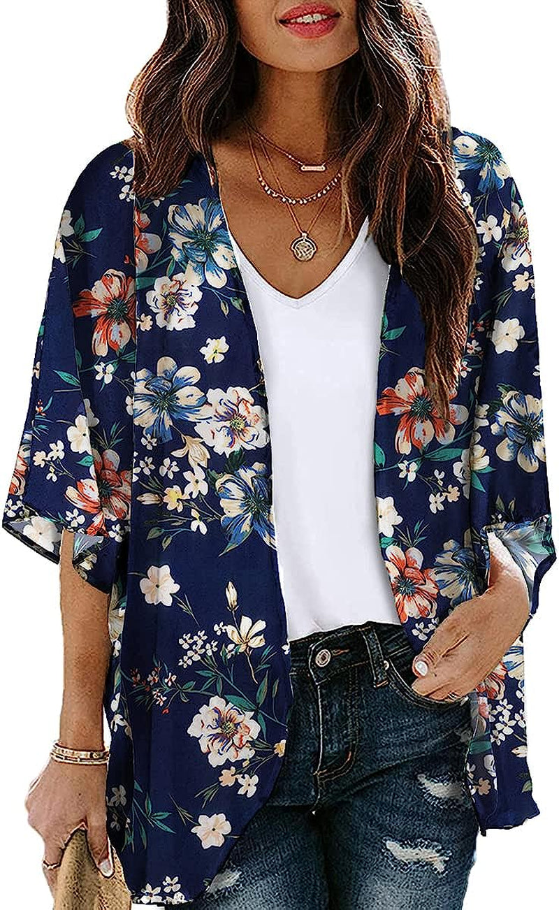  Women Floral Leaf Kimono Summer Cardigan Sheer Loose Half Sleeve Beach Shawl Chiffon Cover Up Casual Blouse Tops