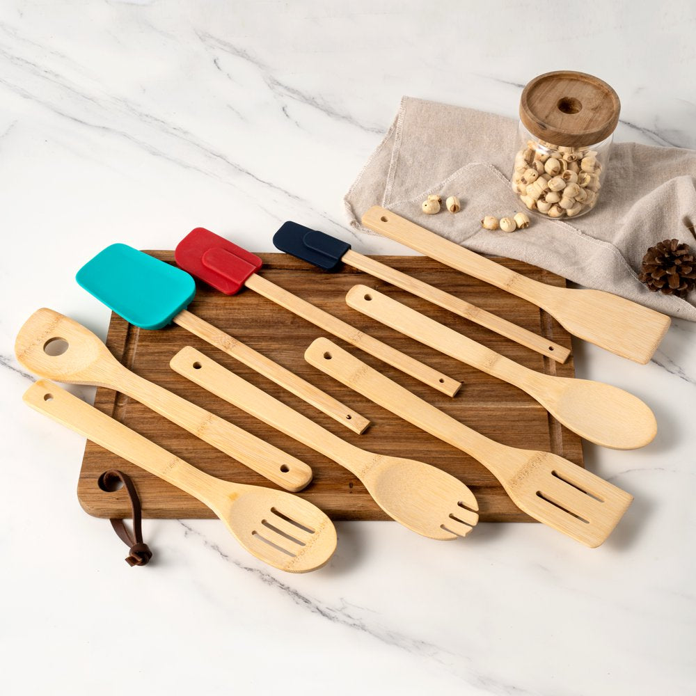 9 Piece 100% Natural Bamboo Utensil Set for Cooking