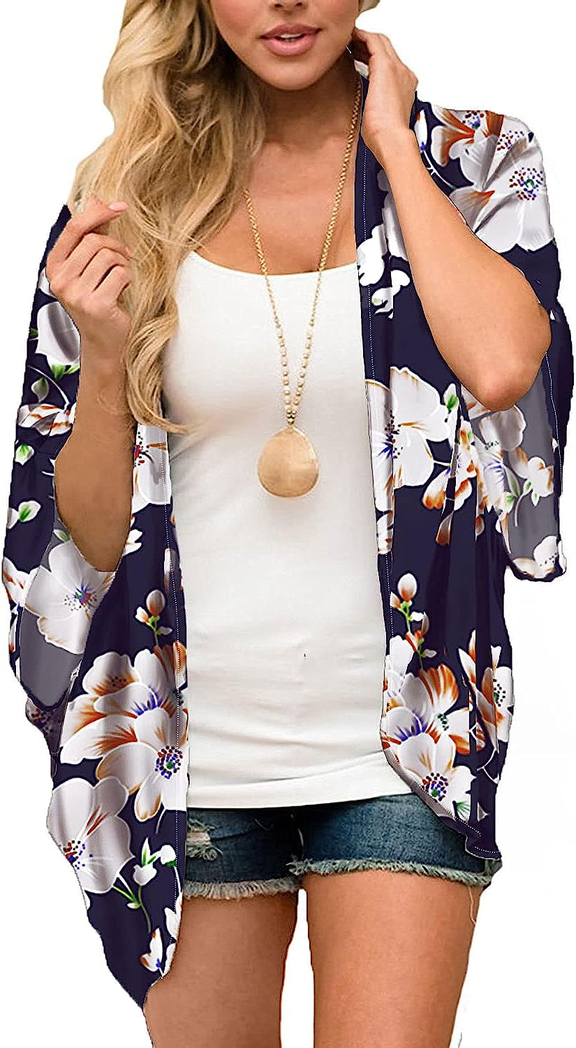  Women's Flowy Summer Chiffon Kimono Cardigans Tops Boho Floral Beach Cover Ups Casual Loose Shirts