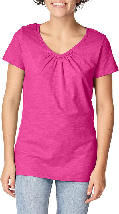 Hanes Women's Shirts, Slub Cotton Shirred V-Neck Tee, Cotton T-Shirts for Women, Women’s Tee Shirts