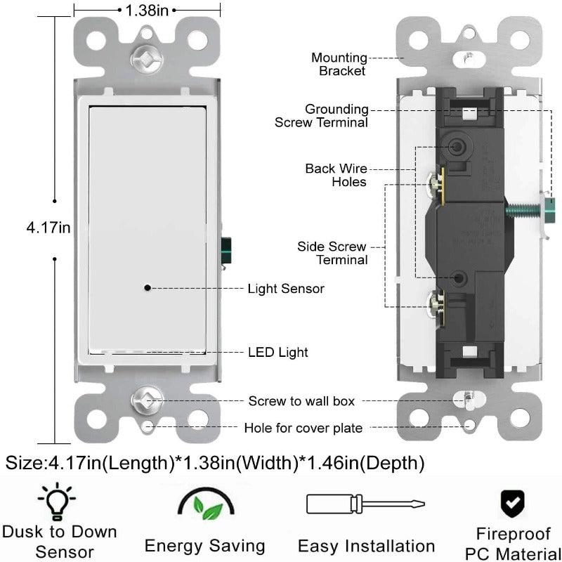 4 Pack Illuminated Light Switches, Automatic On/Off Sensor, Single Pole, 15Amp 120/277Volt, White