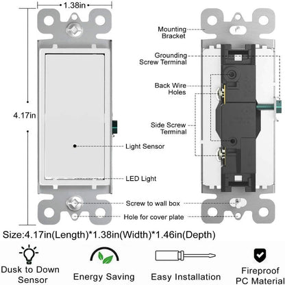 4 Pack Illuminated Light Switches, Automatic On/Off Sensor, Single Pole, 15Amp 120/277Volt, White